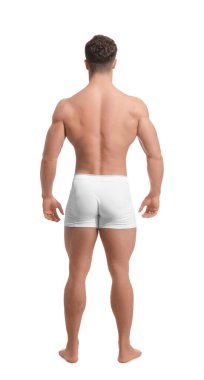 Kaslı adam beyaz, arka görüş izole. Seksi vücut.