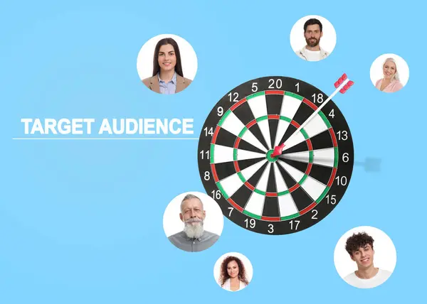 Target audience. Dartboard surrounded by photos of potential clients on light blue background