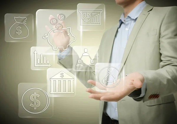 Budget management. Businessman demonstrating virtual financial icons against light background, closeup