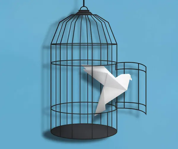 Freedom. Paper bird flying out of broken cage on light blue background