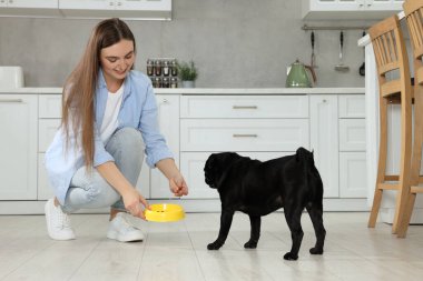 Güzel genç bir kadın mutfakta sevimli köpeğini besliyor.