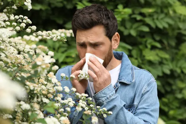 Hombre Que Sufre Alergia Polen Estacional Cerca Del Árbol Flor —  Fotos de Stock