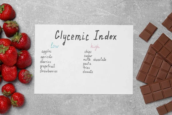 List with products of low and high glycemic index between strawberries and chocolate on light grey table, flat lay
