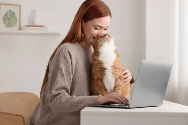 Woman working with laptop and hugging cat at desk. Home office