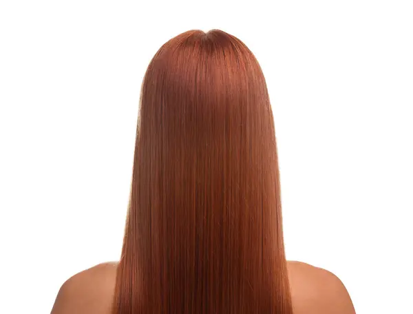 Woman with healthy hair after treatment on white background, back view