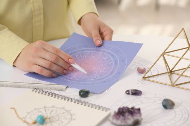 Astrolog, falcılık tahmini için zodyak tekerleği kullanıyor. Falcı.