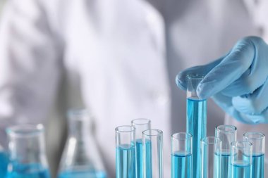 Scientist taking test tube with light blue liquid in laboratory, closeup. Space for text