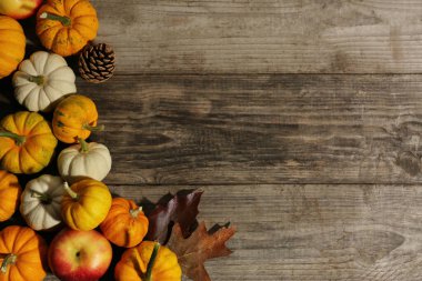 Şükran Günü. Tahta masa üzerinde kabak ile düz bileşim yatıyordu, metin için boşluk
