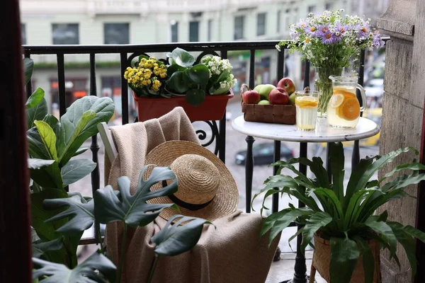 Relaxing atmosphere. Stylish furniture surrounded by beautiful houseplants on balcony