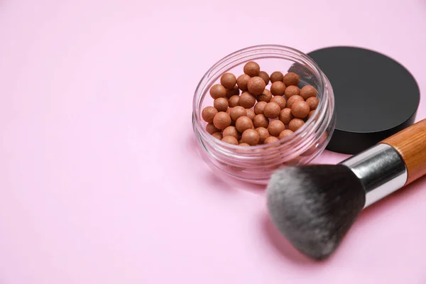 Face Powder Balls Brush Pink Background Space Text Royalty Free Stock Images