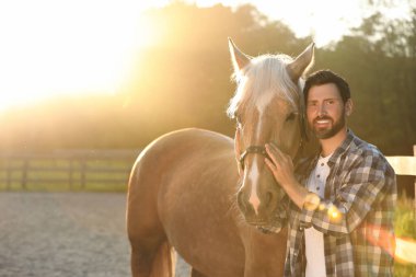 Güneşli bir günde dışarıda at süren bir adam. Sevimli evcil hayvan