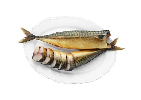 Πιάτο Νόστιμα Καπνιστά Mackerels Λευκό Φόντο Top View — Φωτογραφία Αρχείου