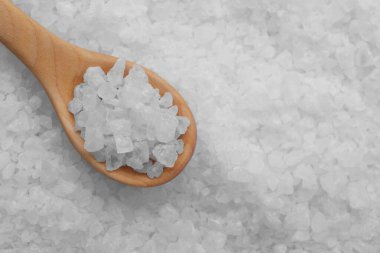 Tahta kaşık, beyaz deniz tuzu, üst manzara. Metin için boşluk