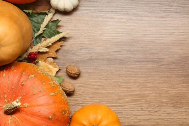 Şükran Günü. Tahta masanın üzerinde balkabağı, yaprak ve ceviz ile düz bir kompozisyon vardı. Metin için boşluk
