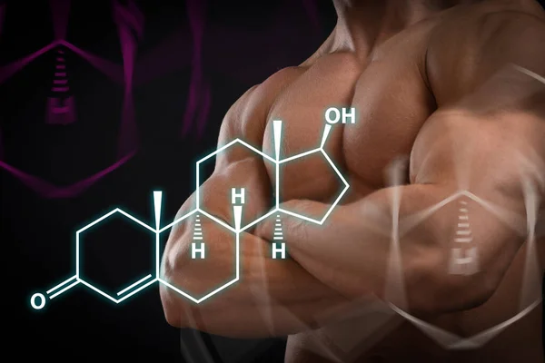 Muscular man and structural formula of testosterone on black background, closeup