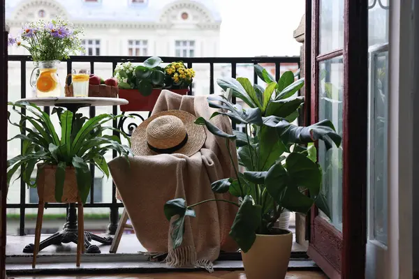 Relaxing atmosphere. Stylish furniture surrounded by beautiful houseplants on balcony