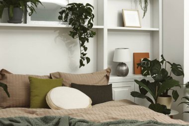 Rahat bir yatak ve yatak odasında farklı bitkiler. İç tasarım