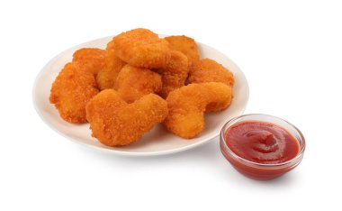 Tasty chicken nuggets with ketchup on white background