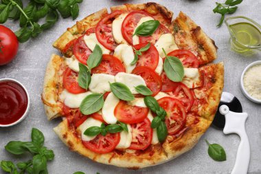 Domatesli lezzetli Caprese pizzası, mozzarella ve açık gri masada fesleğen.