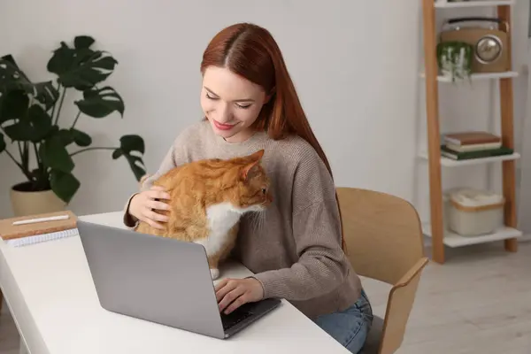 Woman with cat working at desk. Home office