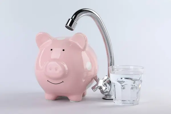Water scarcity concept. Piggy bank, tap and glass of drink isolated on white