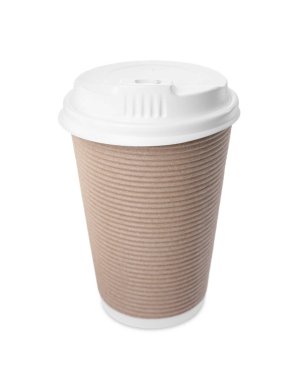 Paper cup with plastic lid isolated on white. Coffee to go