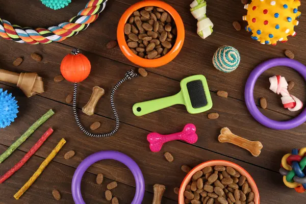 Flat lay composition with different pet goods on wooden background. Shop assortment