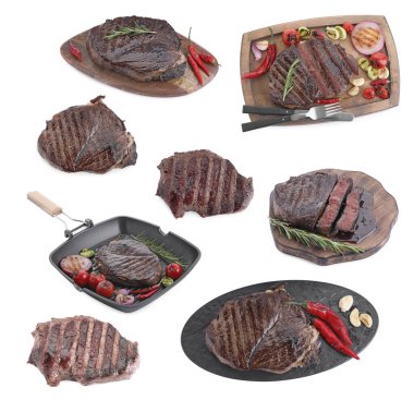 Beyaza izole edilmiş leziz ızgara et, kolaj tasarımı.