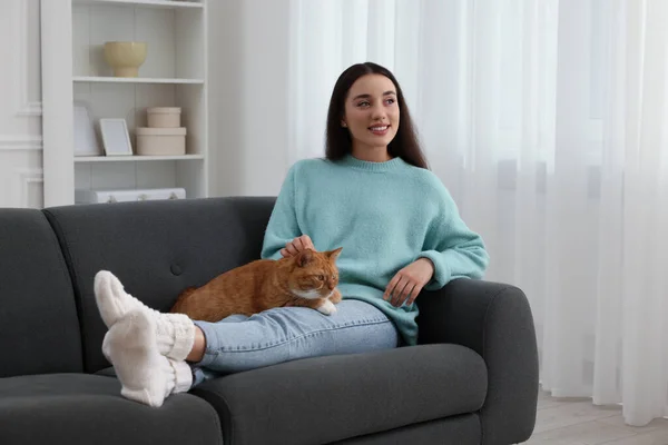 Beautiful woman petting cute cat on sofa at home