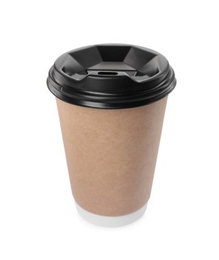 Paper cup with plastic lid isolated on white. Coffee to go