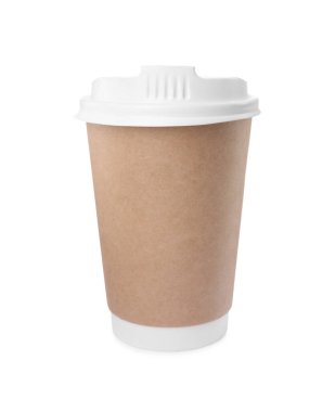 Paper cup with plastic lid isolated on white. Coffee to go