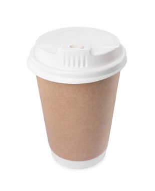 Paper cup with plastic lid isolated on white. Coffee to go