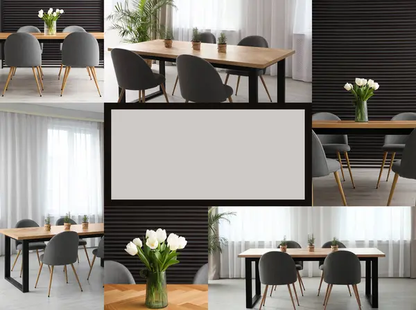 Ideas of stylish dining room interior design, collage of photos. Space for text