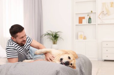 Evde yatakta Labrador Retriever köpeği olan bir adam, mesaj için yer var. Sevimli hayvan