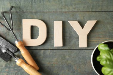 Harflerden yapılmış kısaltma DIY, bahçe aletleri ve ahşap masa üzerinde yeşil bitki, düz yatıyordu