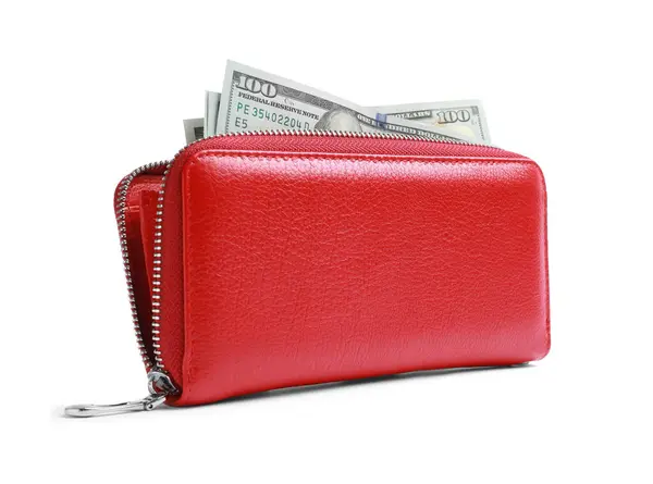 Стильный Красный Кожаный Кошелек Долларовыми Банкнотами Белом Фоне — стоковое фото