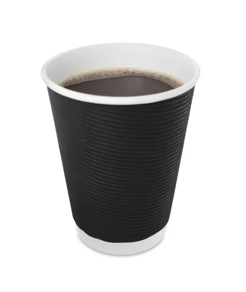 Svart Pappersmugg Med Varm Dryck Isolerad Vitt Kaffe Att Med — Stockfoto
