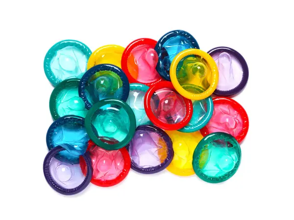 Colorful Condoms Isolated White Top View Safe Sex — Stock Photo, Image