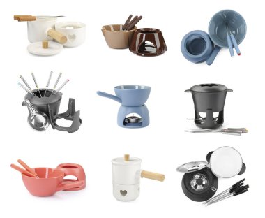 Modern fondü setleri beyaz üzerine izole edilmiş, kolaj