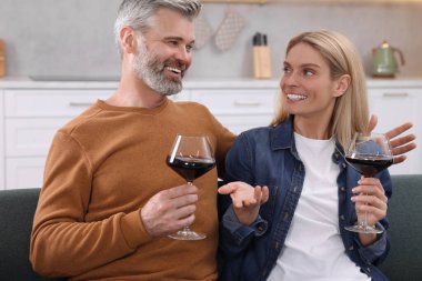 Evdeki kanepede bir kadeh şarap içen mutlu bir çift. Romantik randevu