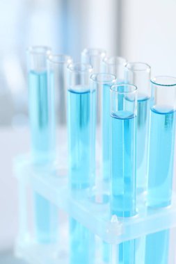 Laboratuvarda açık mavi sıvıyla test tüpleri, yakın plan.