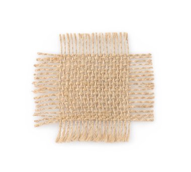 Çuval bezi parçası beyaza izole edilmiş, üst görünüm