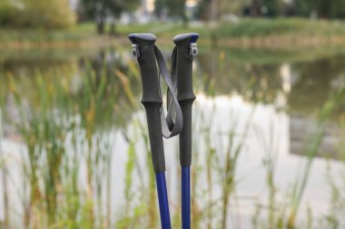 Göl kenarında iki Kuzey yürüyüş direği, yakın plan.