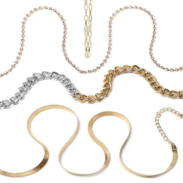 Różne Łańcuchy Biżuterii Izolowane Białym Kolażu — Zdjęcie stockowe