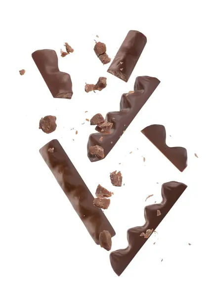 Saborosas Barras Chocolate Caindo Sobre Fundo Branco — Fotografia de Stock