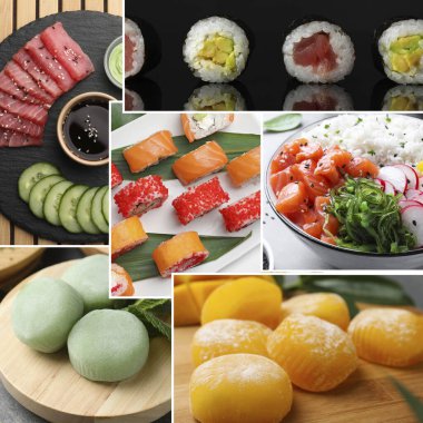 Farklı lezzetli Asya yemekleri. Suşili kolaj, mochi ve diğerleri.