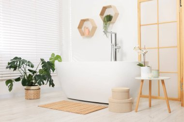 Küvet, ev bitkileri ve bambu paspasla süslü banyo.