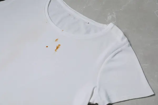 Dirty t-shirt with stains of sauce on light grey marble table, above view