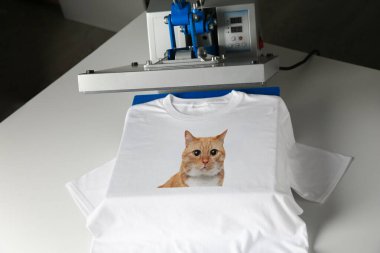 - Özel tişört. Zencefilli kedi fotoğrafı bastırmak için ısı baskısı kullanılıyor.