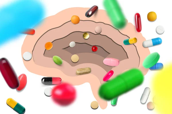 Brain and lots of different pills on white background. Layered art design